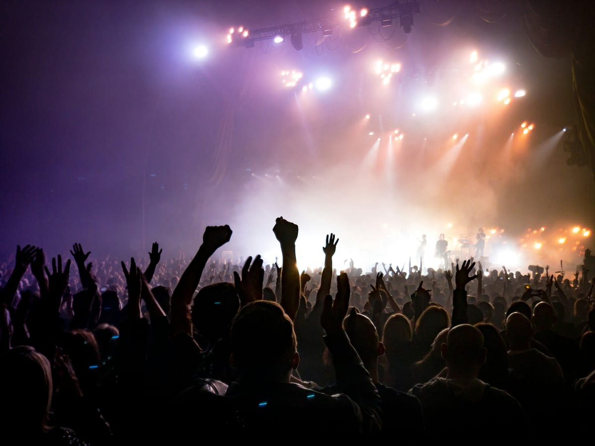A crowd in silhouette with hands raised toward a lit stage